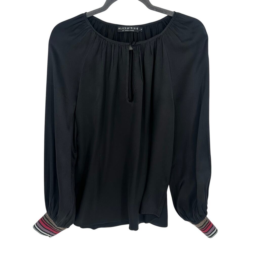 Alice Trixie Womens M Black 100% Silk Blouse Keyhole Striped Cuffs Pleated Boho
